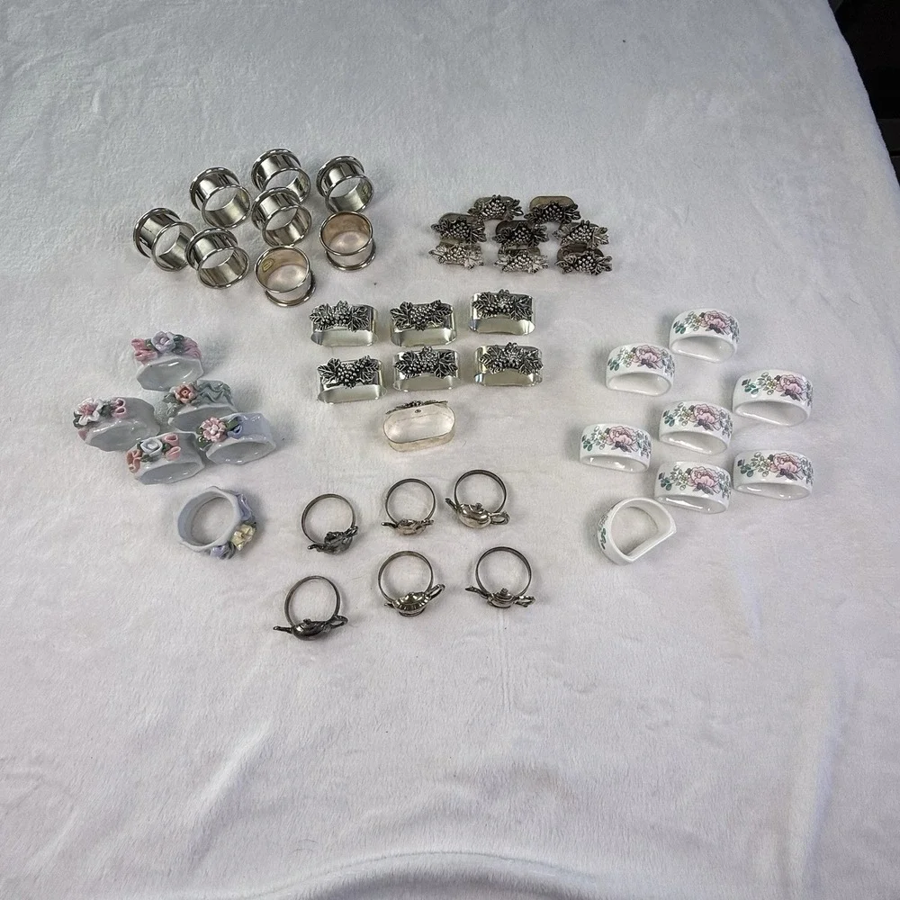 Vintage Napkin Rings Mixed Lot 44 Metal Porcelain Floral Grape Teapot Tableware